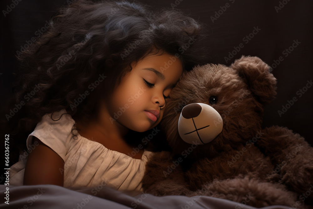 Cute little kid girl hugging teddy bear sleeping in bed Stock ...