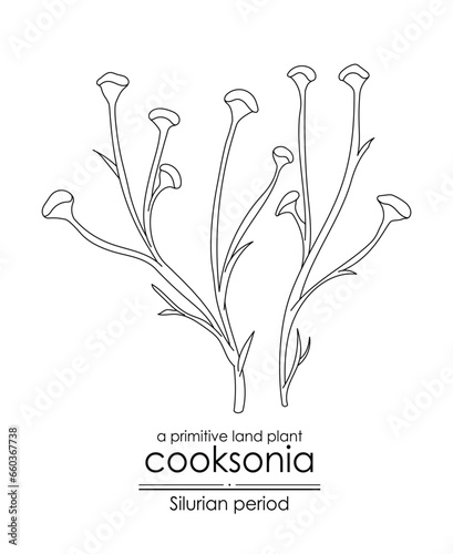 Cooksonia, a Silurian period primitive land plant, black and white line art illustration. Ideal for both coloring and educational purposes