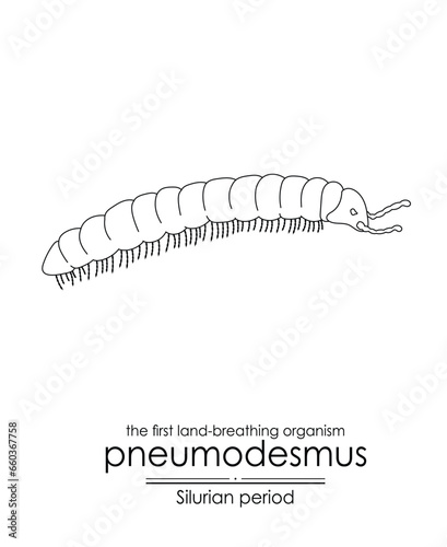 Pneumodesmus, the first land-breathing organism from Silurian period, black and white line art illustration. Ideal for both coloring and educational purposes