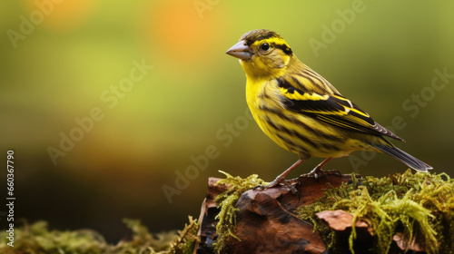 Eurasian siskin (Spinus spinus) searching for food in the forest in the Netherlands.