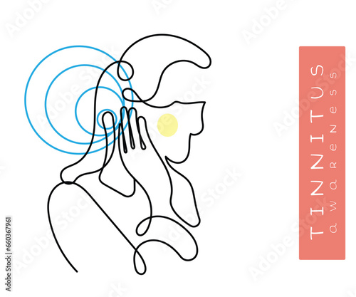 Line art vector of a person suffering from tinnitus. Ringing ears. Tinnitus awareness.