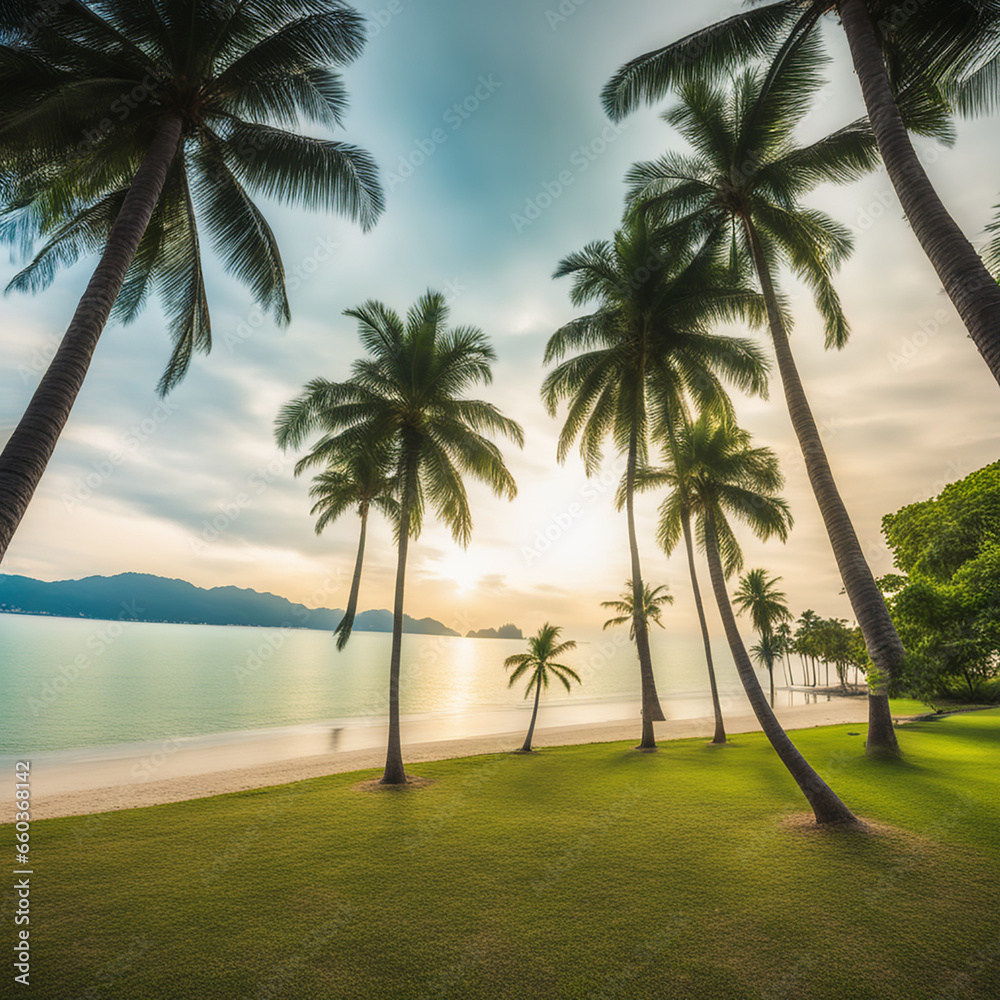 Blur nature bokeh green park by beach and tropical coconut trees Blur nature bokeh green park by beach and tropical coconut trees