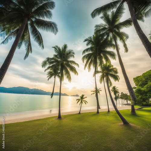 Blur nature bokeh green park by beach and tropical coconut trees © Bonita