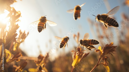 A group of bees flying in the summer photo
