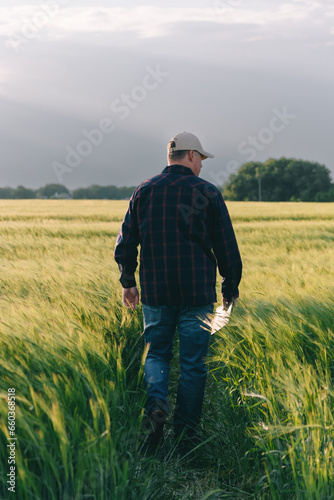 Checking the yield of grain crops at sunset. Man conducts experiments in field conditions. © Hryhor Denys
