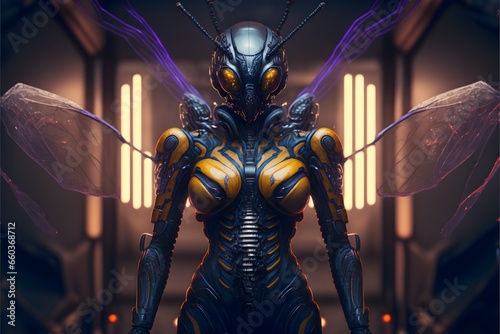 full body humanoid wasp alien advanced sleek perfect design looking at camera badass action pose holding weapons synthesizer cyberpunk transhumanism photorealistic 35mm detailed niji 8k 