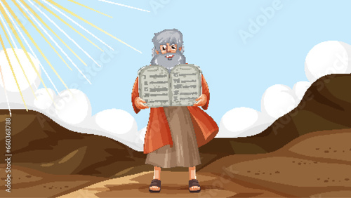 Moses Cartoon Character Holding Ten Commandments: Religious Bible Story