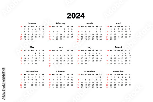 Calendar 2024, week start Sunday corporate design template vector.