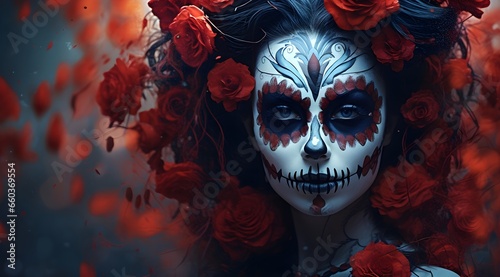 girl with skull makeup for the Day of the Dead in Mexico and Latin America  portrait  Halloween
