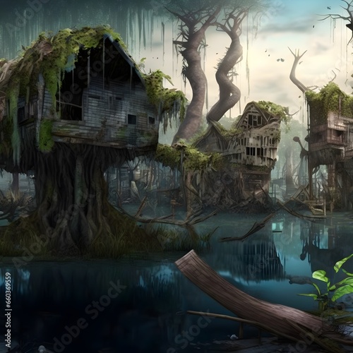 fantasy realism swamp forest with overgrown abandoned fishing village rotting shacks collapsed rooves 
