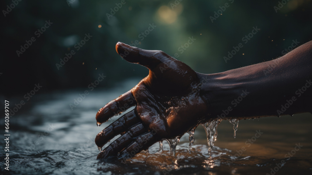 A hand of a black person collecting water from a river. Drinking water in remote locations - obrazy, fototapety, plakaty 