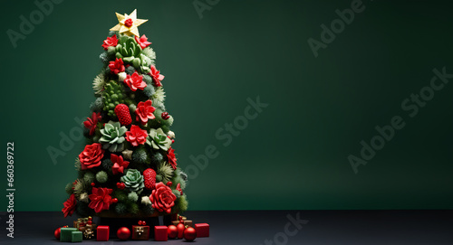 Creative cactus Christmas tree with colorful ornaments, flowers and decorations. Festive Xmas and New Year holiday season, trendy banner idea design on dark green background.