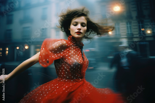 French woman dancing in the streets of Paris, lomography styled