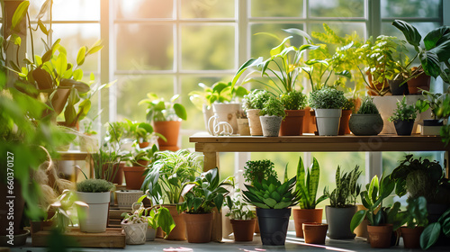 Capture someone potting indoor plants, creating a serene atmosphere inside their home. Showcase the benefits of houseplants for health and well-being.