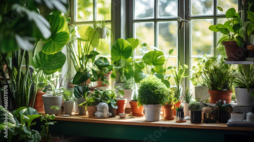 Capture someone potting indoor plants, creating a serene atmosphere inside their home. Showcase the benefits of houseplants for health and well-being.