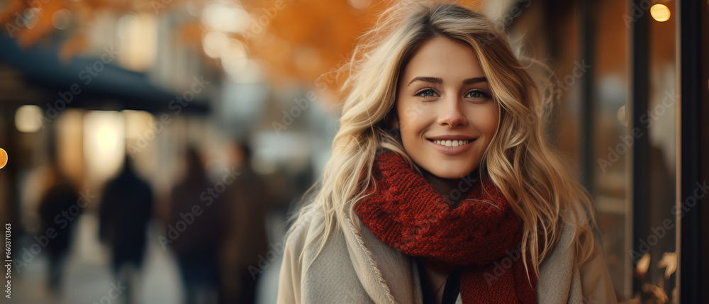 Portrait of a woman in autumn, with blur city in the background Portrait of a woman in autumn, with blur city in the background