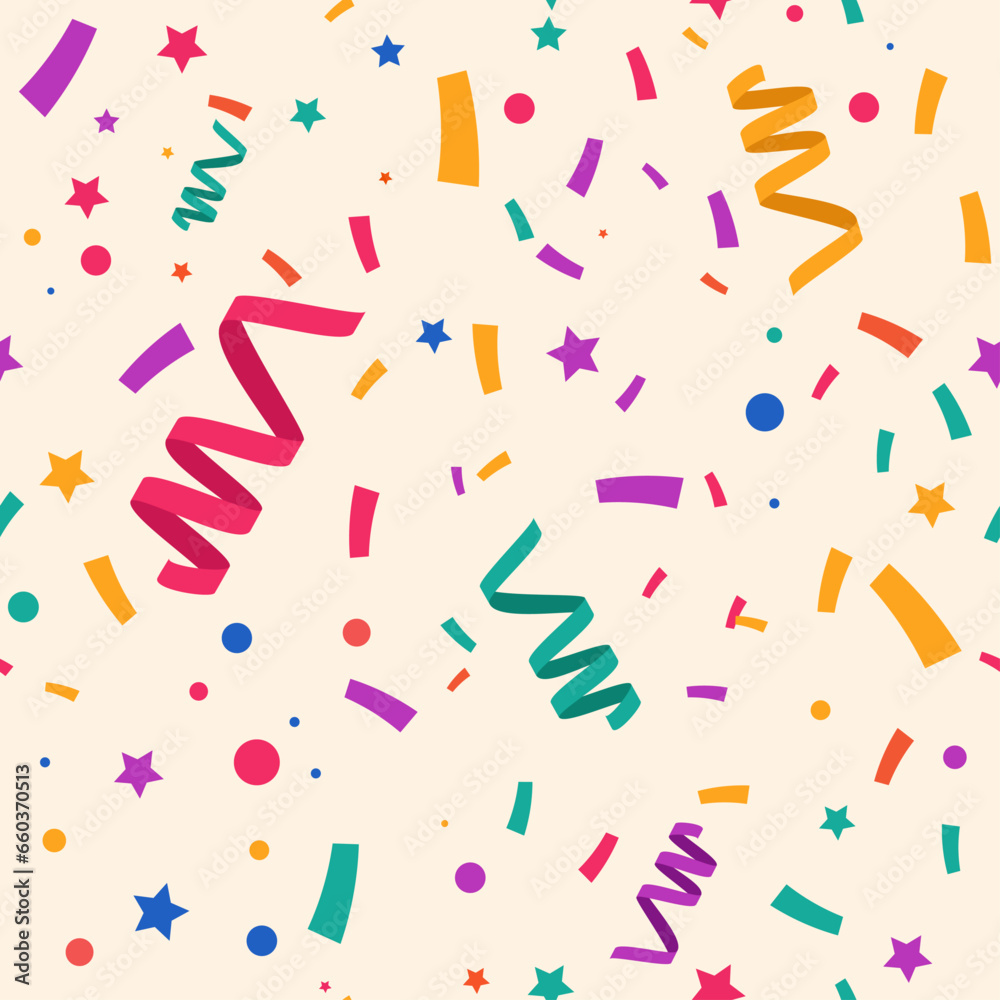 Colorful falling confetti on beige background, seamless carnival pattern. Design invitation holiday, party, birthday. Carnaval print ornament, yellow, red,purple, green streamers. Vector illustration. Colorful falling confetti on beige background, seamless carnival pattern. Design invitation holiday, party, birthday. Carnaval print ornament, yellow, red,purple, green streamers. Vector illustration.
