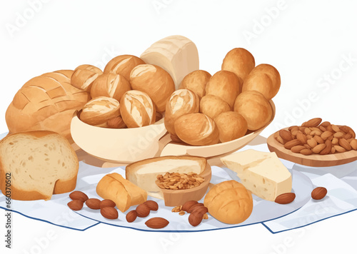 Fresh bread and buns at rustic wooden table. White and rye bread assortment