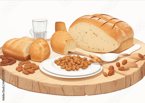 Fresh bread and buns at rustic wooden table. White and rye bread assortment