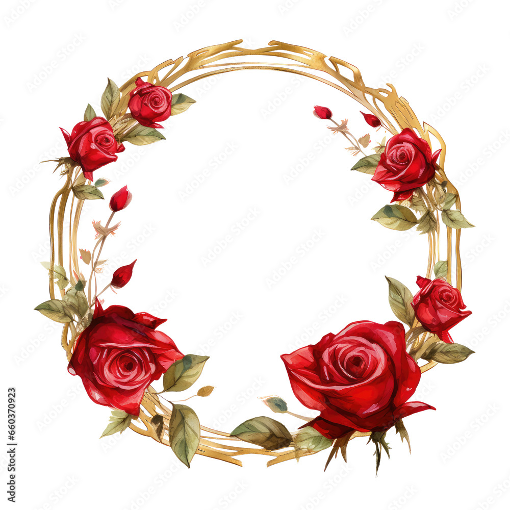 watercolor red rose round frame clipart