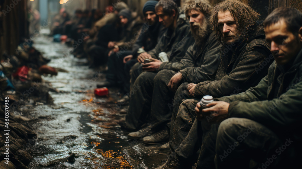 Row of homeless people on the streets of the city of Bucharest, Romania.
