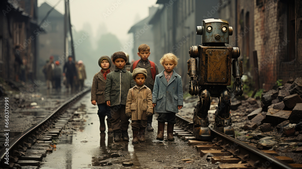 Retro post world war II photo of children with vintage robot in the middle of the railway. - obrazy, fototapety, plakaty 