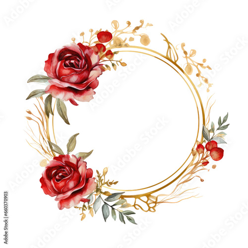watercolor red rose round frame clipart