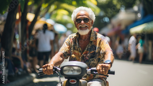 Portrait of a senior man riding a motorbike in Hanoi, Vietnam photo