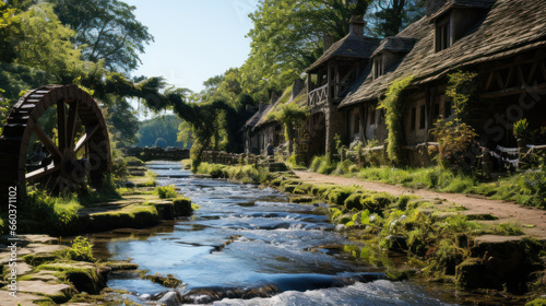 A historic wooden wheel on the water surface Ireland village.