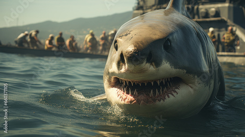 Great White Shark in the sea against military submarine.