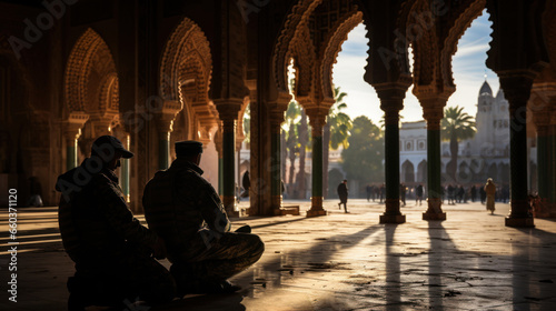 Two Muslim soldiers men praying in the courtyard of the Jama Masjid Mosque in Delhi, India. photo