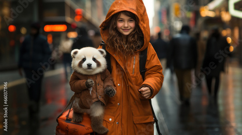 Girl in raincoat with panda in the NYC street.
