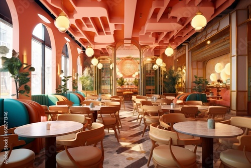 Vibrant cafe with captivating restaurant interiors. Generative AI