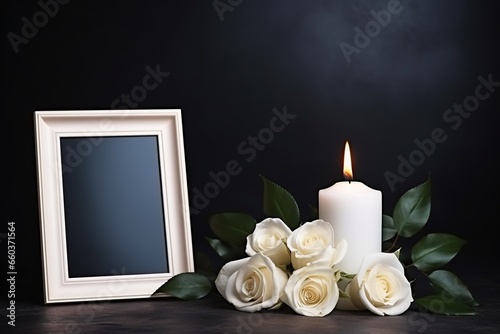 White roses with ribbon and photo frame on black background.Funeral Concept
