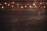 Christmas Background with Luminous Garlands and Red Stars on Dark Wooden Texture