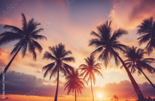 Tropical palm coconut trees on sunset sky flare and bokeh nature background © Donald