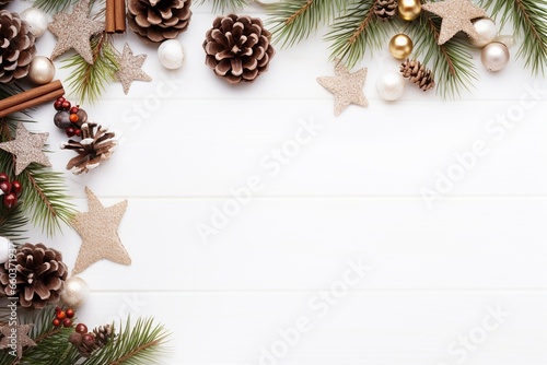 Christmas Greetings in Light Tones with Gifts, Fir Branches, and Snowflakes on White Wooden Background