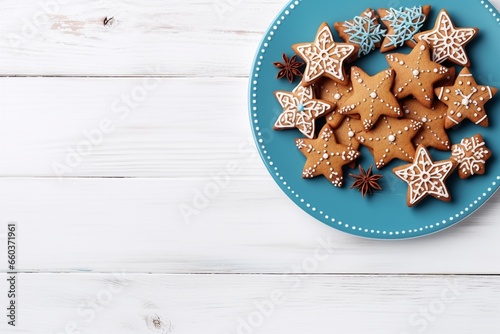 Christmas Star-Shaped Ginger Cookies with Fir Cones on White Wooden Table, Copy Space