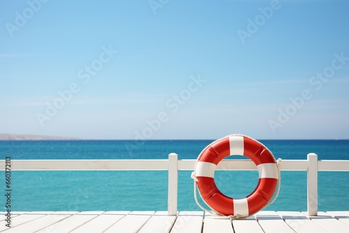 White Wooden Fence and Marine Lifebuoy by the Blue Sea