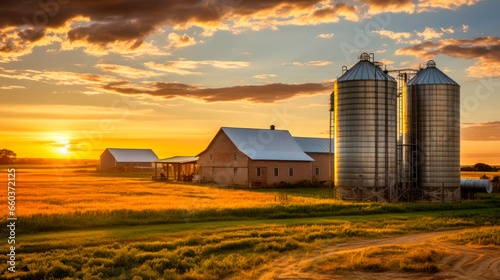 Grain silos at a small farm with a  house and barn photo