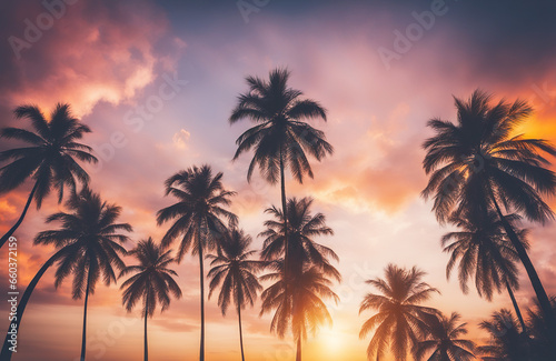 Tropical palm coconut trees on sunset sky flare and bokeh nature background