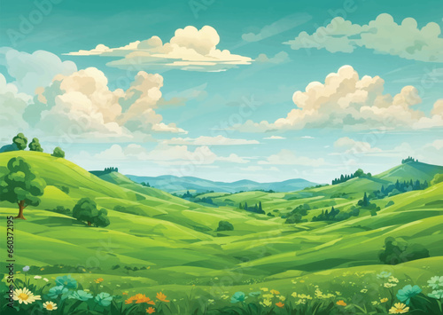 Lush green hills and mountains over a green landscape with a beautiful river.