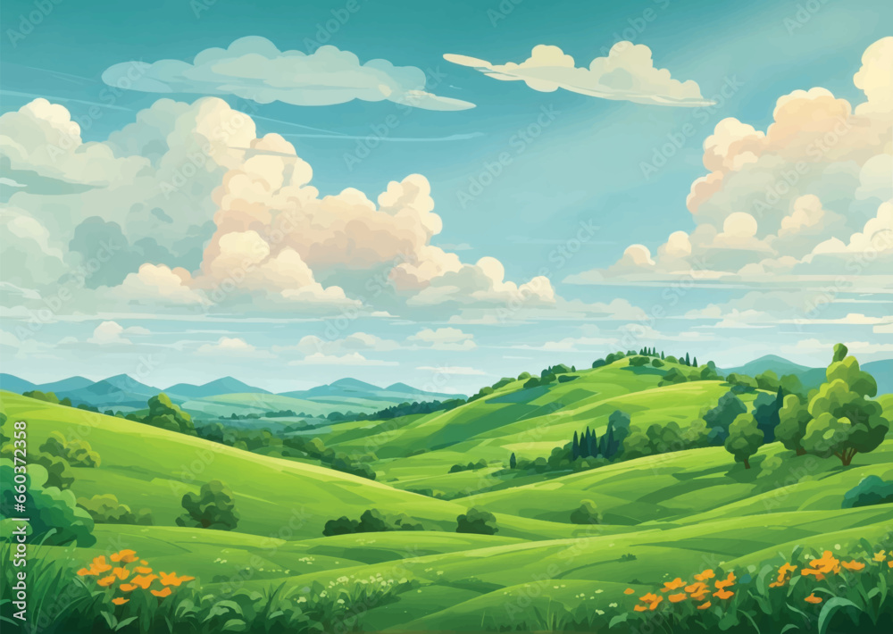 Lush green hills and mountains over a green landscape with a beautiful river.