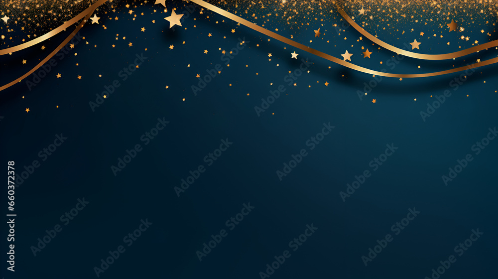 Christmas and New Year festive background. Golden stars and gilded ribbons on Navy blue background with copy space for text. The concept of Christmas and New Year holidays - obrazy, fototapety, plakaty 