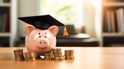 Black Graduation hat on a piggy bank, with coins on the background of a university library with copy space. Saving money for education or scholarship. Installment plan for studying at the university.
