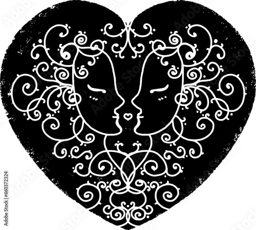 Heart with couple silhouettes. Linocut, graphics. Vector element.