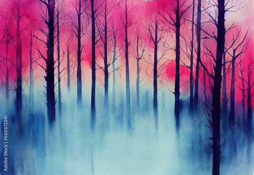Enchanting misty twilight blue forest glade with captivating pretty pink leaves and tall trees, beauty of nature in spring season, charming watercolor like art. - obrazy, fototapety, plakaty 