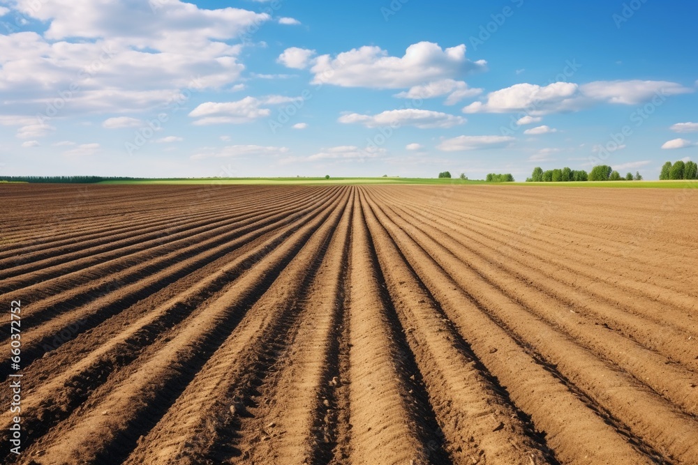 Spring Agriculture: Preparing Plowed Fields for Planting - obrazy, fototapety, plakaty 