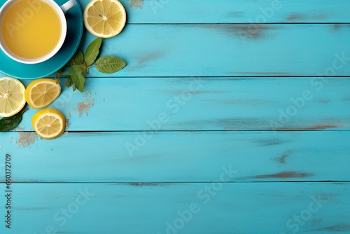 Tea Time: Cup of Tea with Lemon and Sugar on Blue Wooden Table