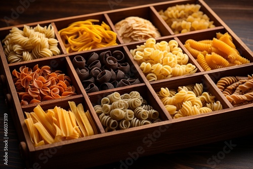 Assorted Pasta Varieties: Wooden Box Showcase of Different Pasta Types